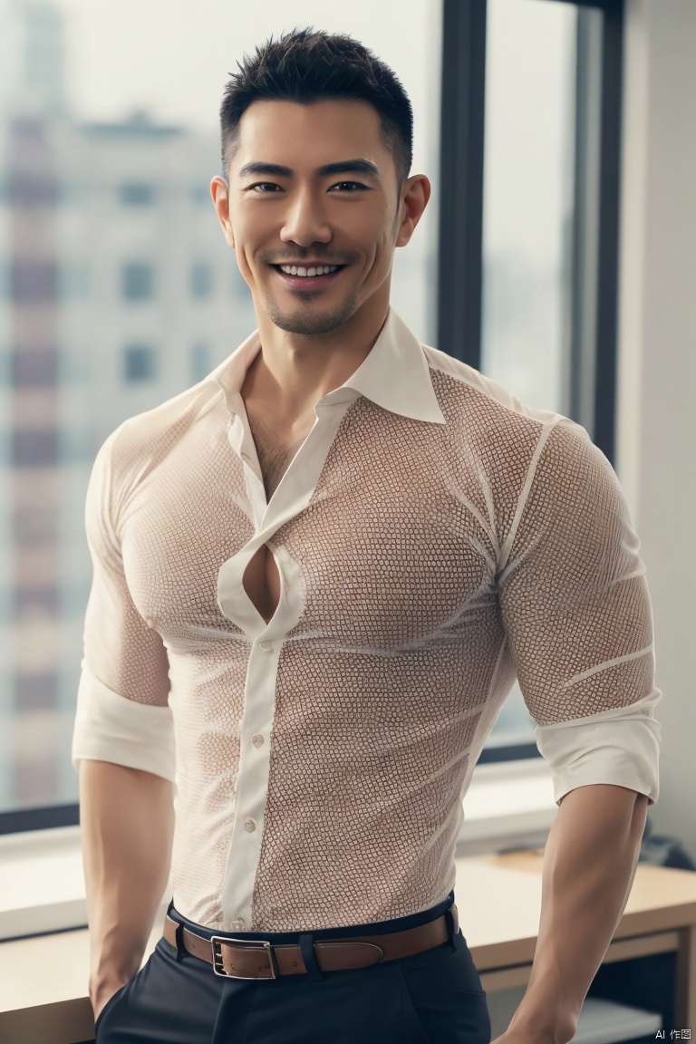  1man,Asian,male focus,Mature,(masterpiece, Realism, best quality, highly detailed,profession),exquisite facial features,handsome,smile,muscular,see-through shirt,abs,cowboy_shot,underwear,blurry,in office