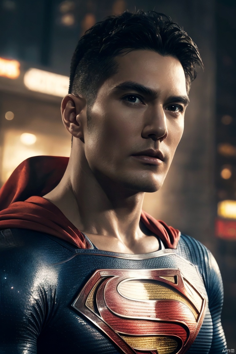  1man,superman,(masterpiece, realistic, Realism, best quality, highly detailed, 8K Ultra HD, sharp focus, profession),asian,exquisite facial features,deep eyes,handsome,male focus,muscular,cape,standing,full body,close_up,soft lighting,blurry,outdoors,cyberpunk,Dynamic angle,1man,