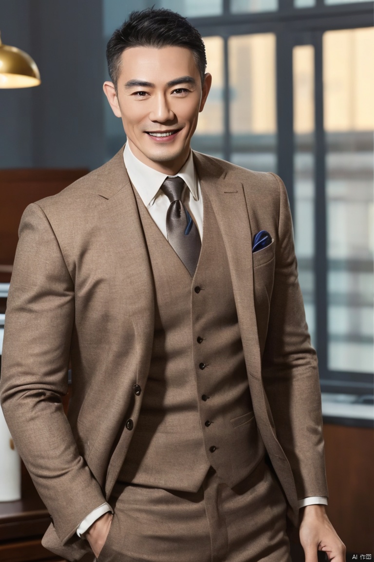  1man,Asian,male focus,Mature,(masterpiece, Realism, best quality, highly detailed,profession),exquisite facial features,handsome,smile,muscular,formal wear,Upper part of the body,blurry,in office
