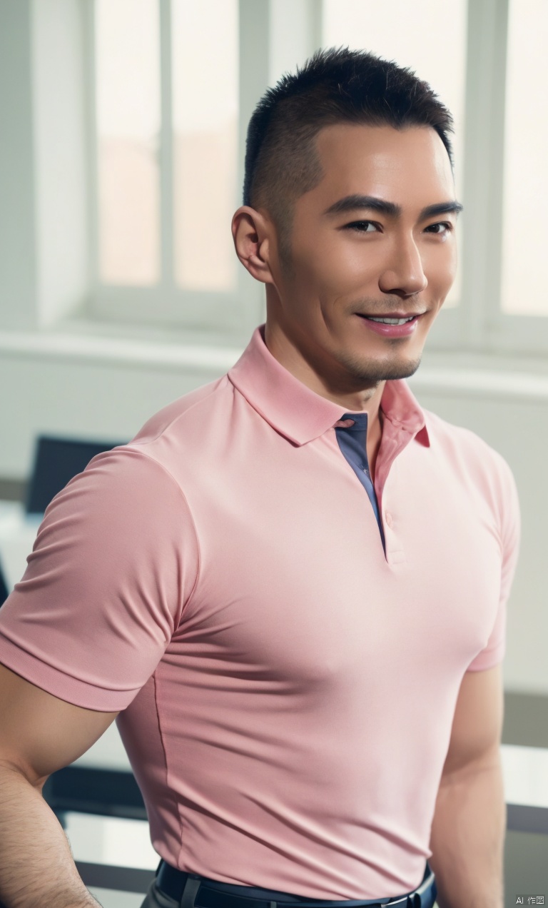  1man,Asian,male focus,Mature,(masterpiece, Realism, best quality, highly detailed,profession),exquisite facial features,handsome,smile,muscular,pink polo shirt,tight breeches,Upper part of the body,soft lighting,blurry,in office