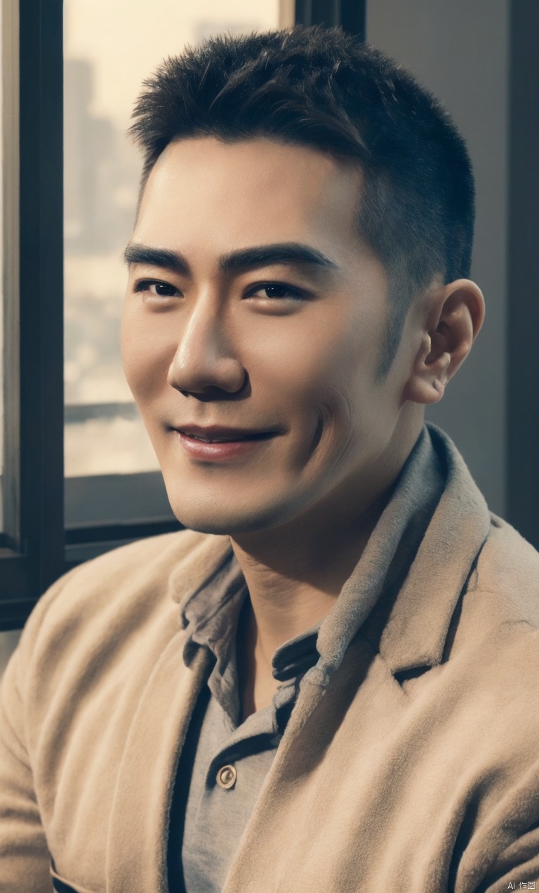  1man,Asian,male focus,Mature,(masterpiece, Realism, best quality, highly detailed,profession),exquisite facial features,handsome,smile,close mouth,muscular,casual wear,Upper part of the body,soft lighting,blurry,in office