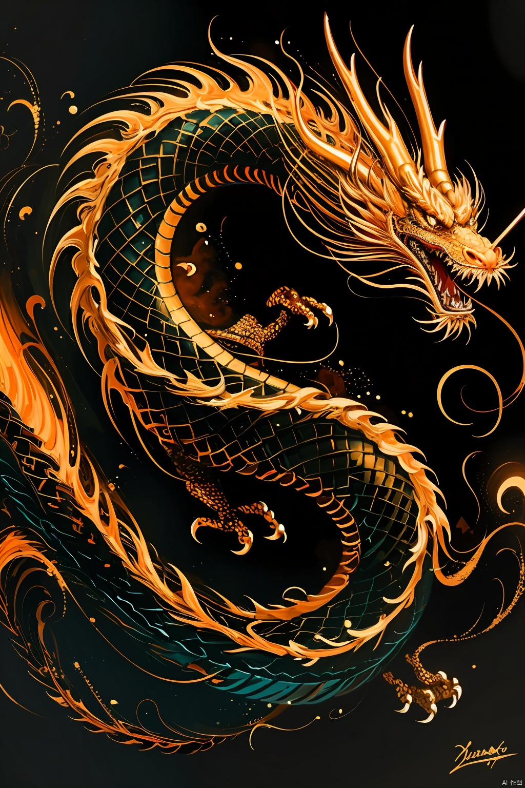 a painting of a dragon on a black background with gold accents and swirls around it's body, dragon, glowing