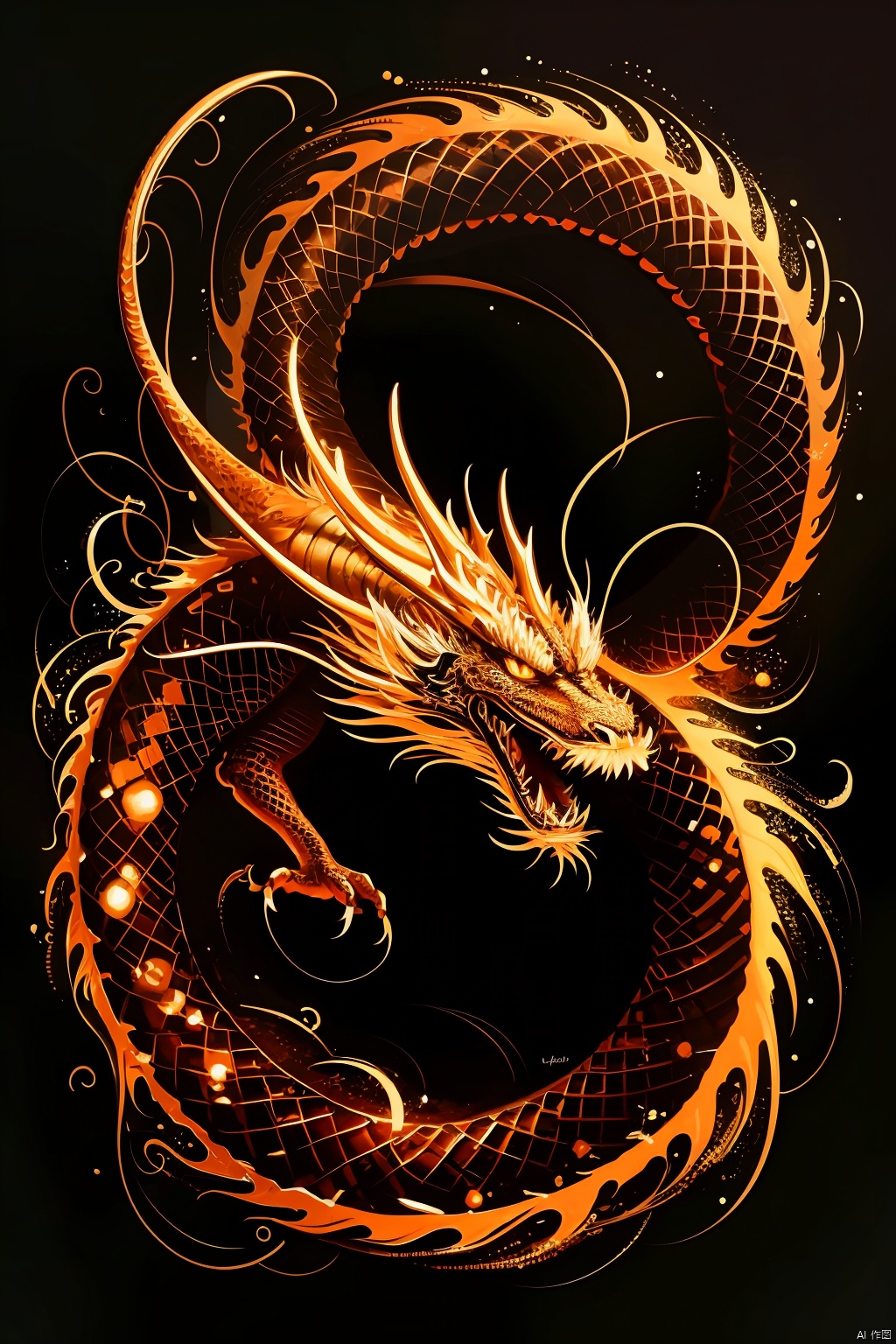 a painting of a dragon on a black background with gold accents and swirls around it's body, dragon, glowing