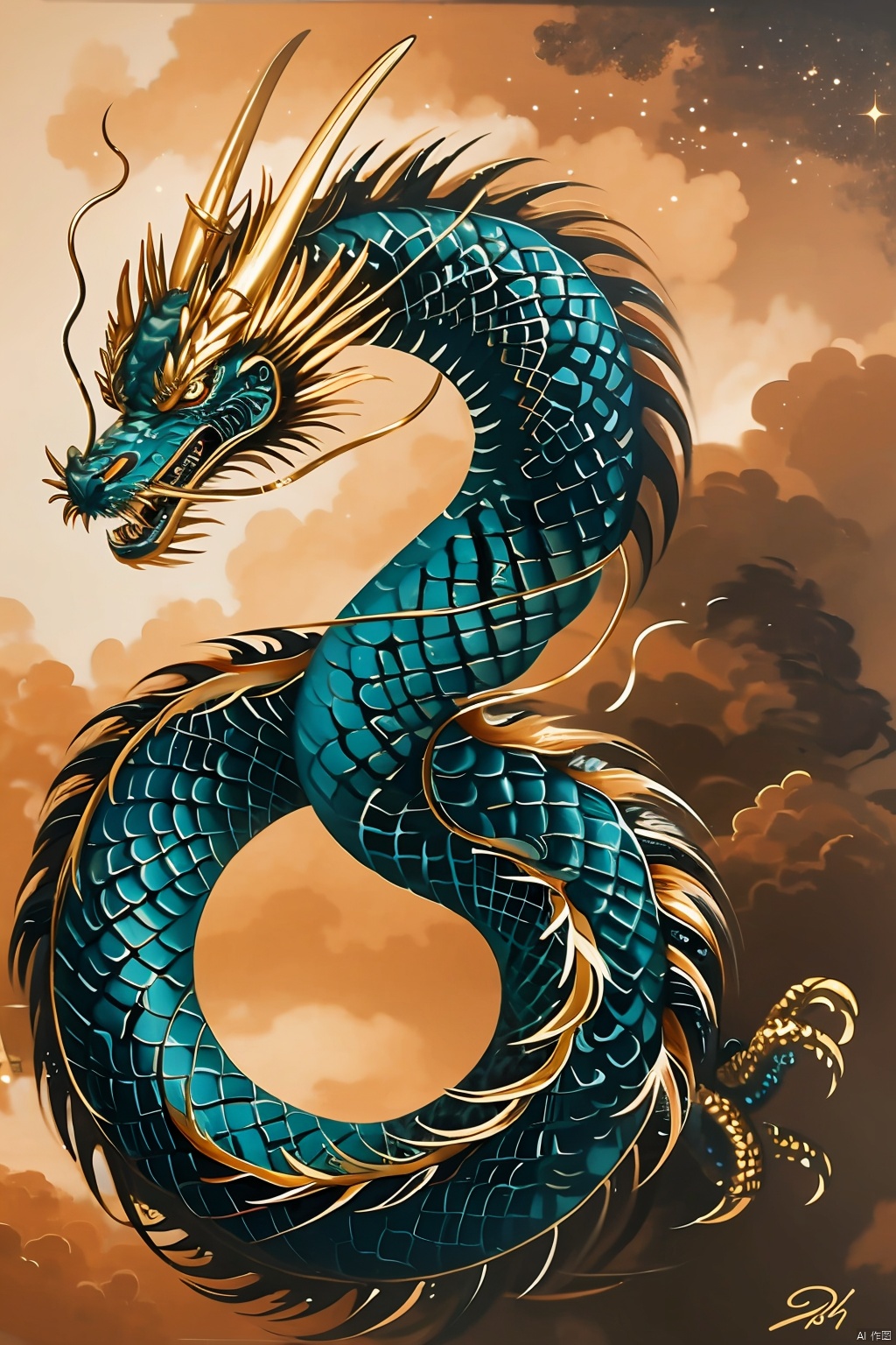 a painting of a dragon with gold accents on it's body and head, with a dragon on its back, no humans, open mouth, teeth