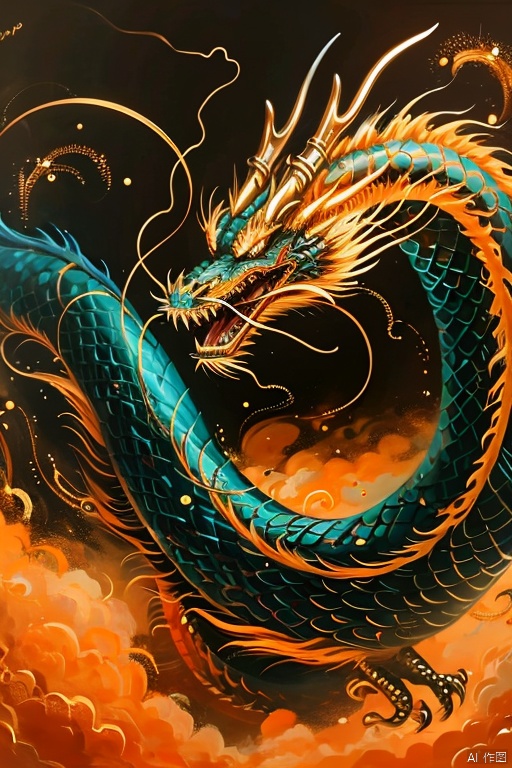 a painting of a dragon with gold accents on it's body and head, with a dragon on its back, no humans, open mouth, teeth