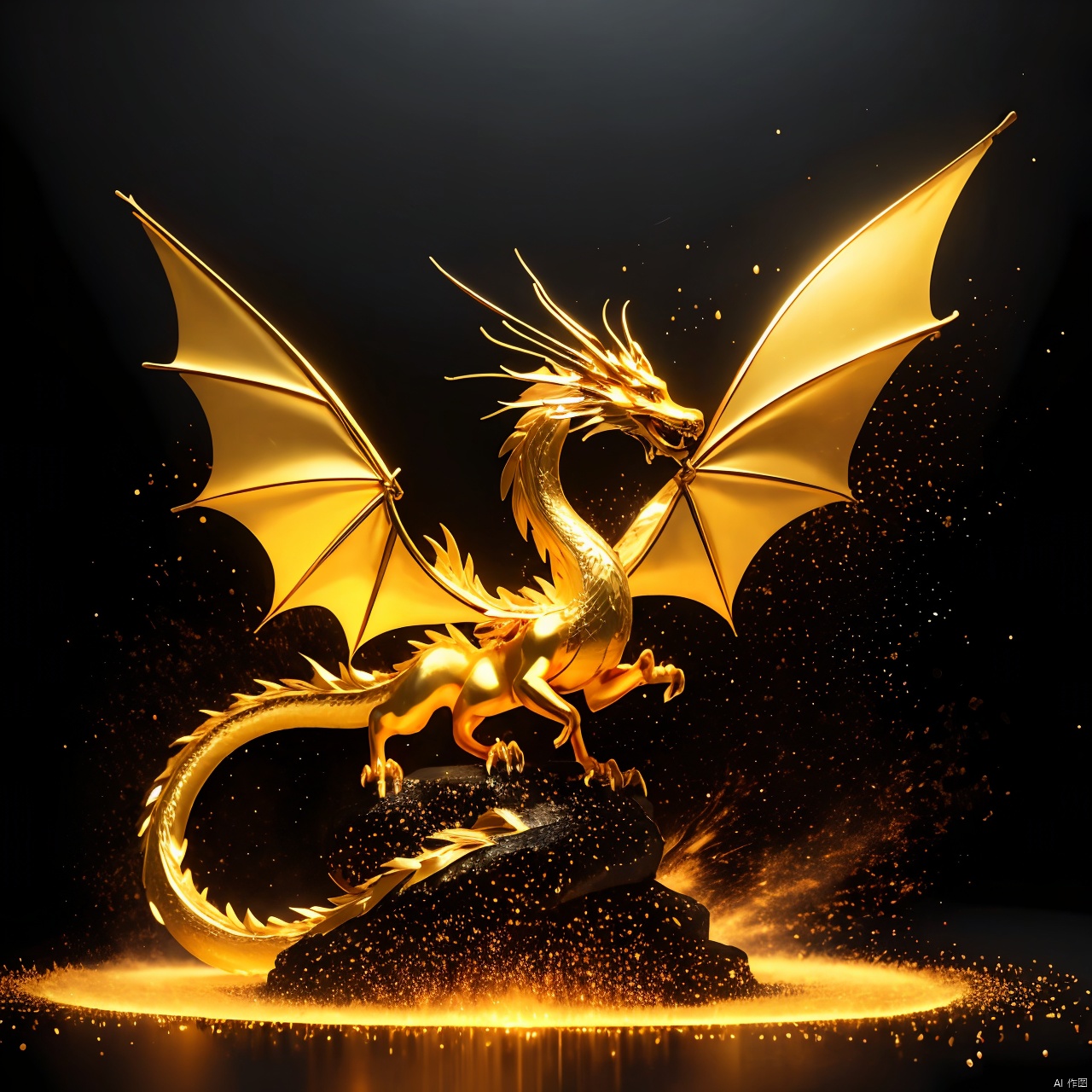 a golden dragon statue on a black background with gold dust flying around it and a black background with a white spot, aurora, city lights, constellation, earth \(planet\), explosion, fire, fireworks, galaxy, glowing, light, light particles, milky way, night, night sky, no humans, planet, shooting star, sky, space, star \(sky\), starry background, starry sky, starry sky print