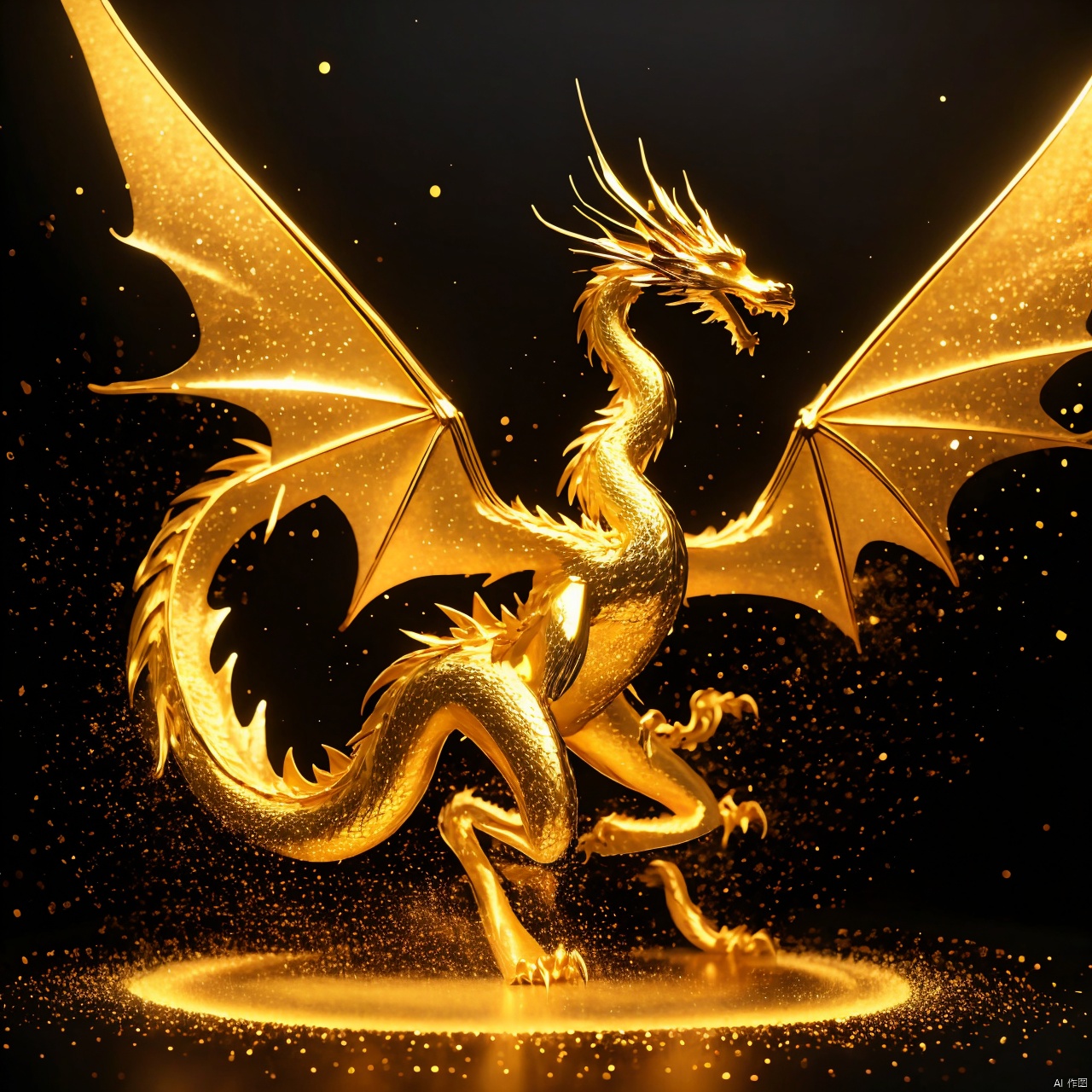 a golden dragon statue on a black background with gold dust flying around it and a black background with a white spot, aurora, city lights, constellation, earth \(planet\), explosion, fire, fireworks, galaxy, glowing, light, light particles, milky way, night, night sky, no humans, planet, shooting star, sky, space, star \(sky\), starry background, starry sky, starry sky print