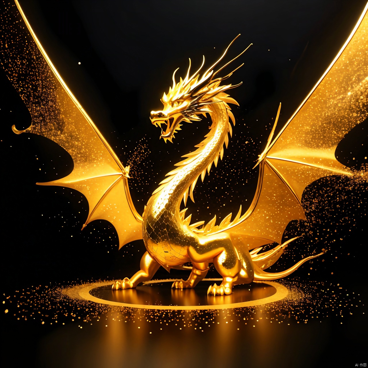 a golden dragon statue on a black background with gold dust flying around it and a black background with a white spot, aurora, city lights, constellation, earth \(planet\), explosion, fire, fireworks, galaxy, glowing, light, light particles, milky way, night, night sky, no humans, planet, shooting star, sky, space, star \(sky\), starry background, starry sky, starry sky print