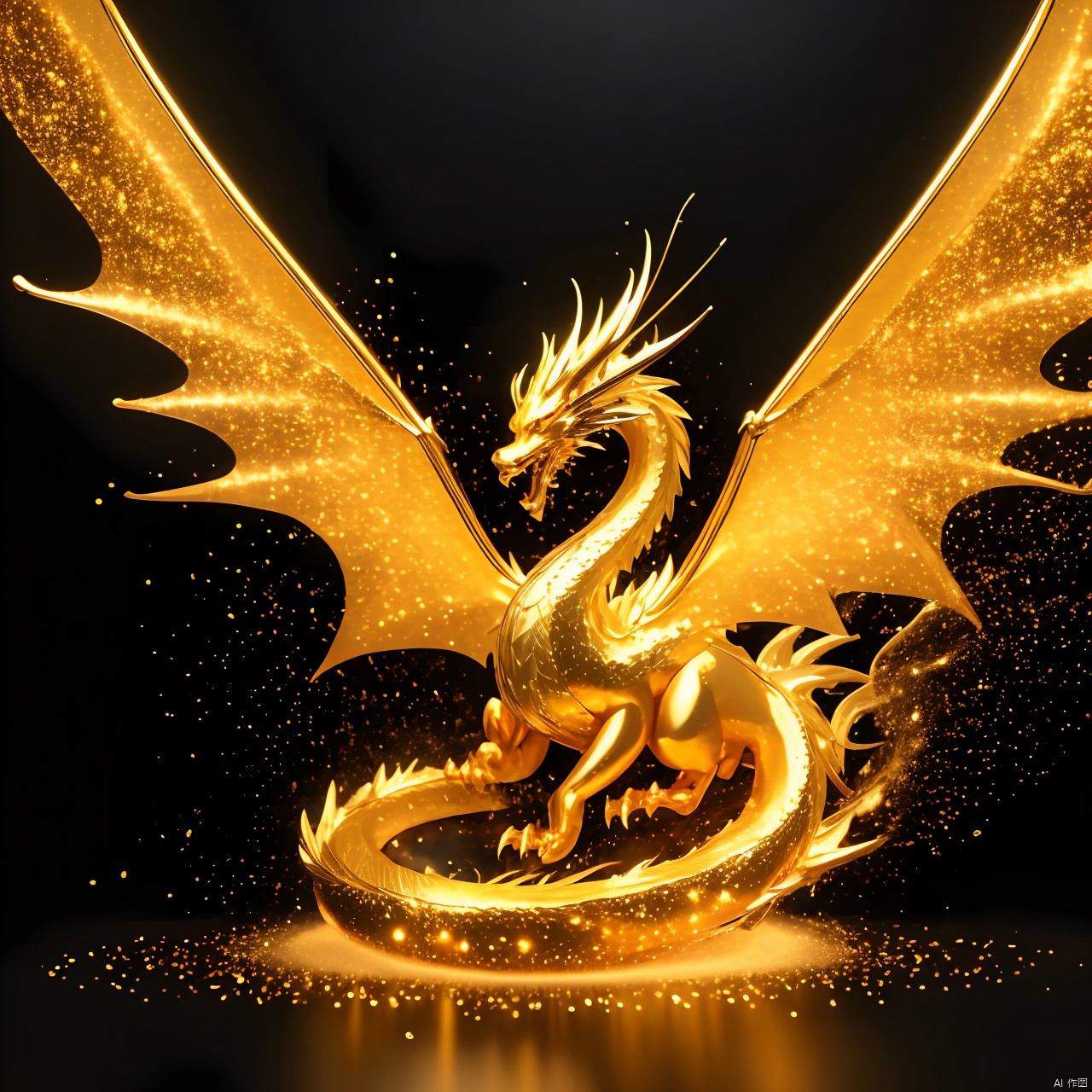 a golden dragon statue on a black background with gold dust flying around it and a black background with a white spot, aurora, city lights, constellation, earth \(planet\), explosion, fire, fireworks, galaxy, glowing, light, light particles, milky way, night, night sky, no humans, planet, shooting star, sky, space, star \(sky\), starry background, starry sky, starry sky print