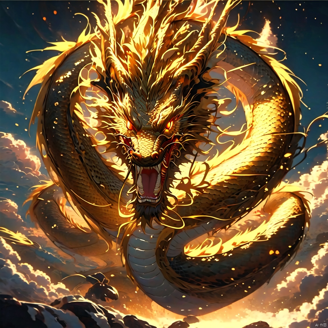 dragon, no humans, glowing, glowing eyes, scales, horns, eastern dragon, looking at viewer, open mouth, yellow eyes, teeth, sharp teeth, dragon horns, solo, claws, fangs