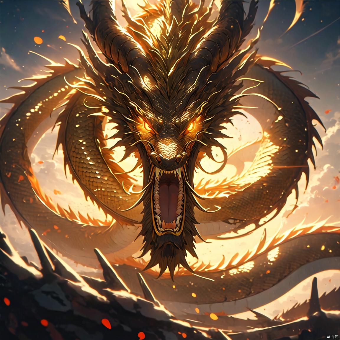 dragon, no humans, glowing, glowing eyes, scales, horns, eastern dragon, looking at viewer, open mouth, yellow eyes, teeth, sharp teeth, dragon horns, solo, claws, fangs