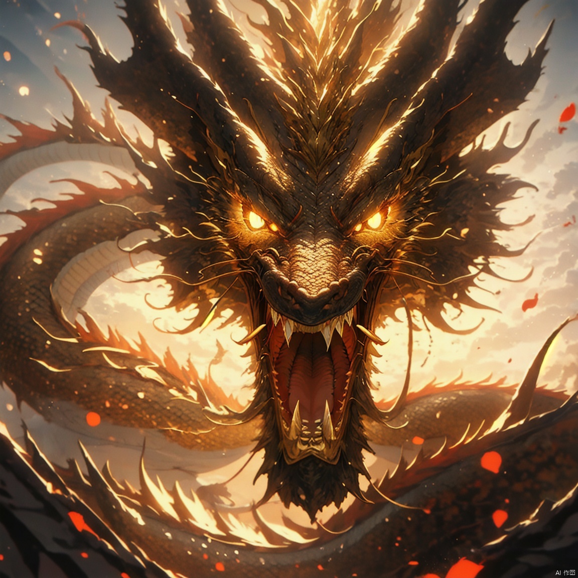 dragon, no humans, glowing, glowing eyes, scales, horns, eastern dragon, looking at viewer, open mouth, yellow eyes, teeth, sharp teeth, dragon horns, solo, claws, fangs