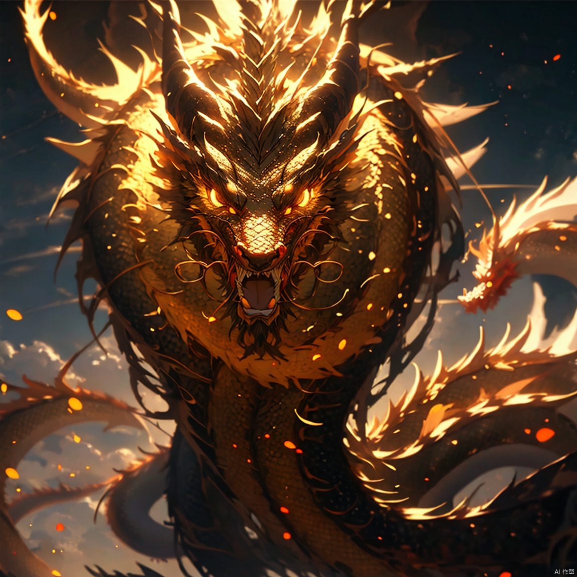 dragon, no humans, glowing, glowing eyes, scales, horns, eastern dragon, looking at viewer, open mouth, yellow eyes, teeth, sharp teeth, dragon horns, solo, claws, fangs