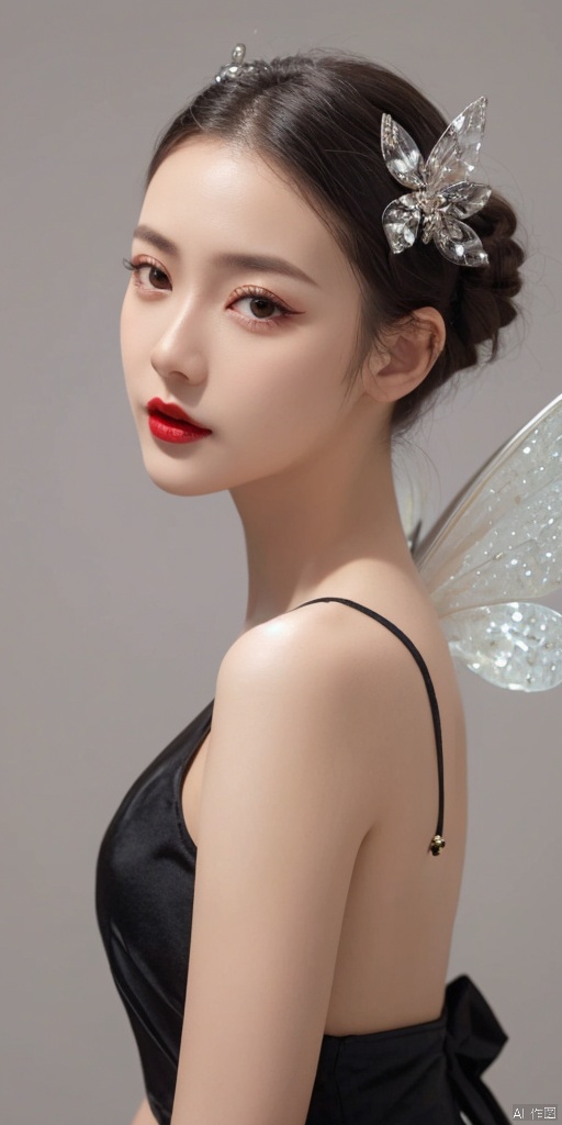 1girl, dance, Fairy, crystal, jewels,black, wings,solo, looking at viewer, simple background, hair ornament, bow, ribbon, closed mouth, hair bow, grey background, black eyes, lips, makeup, lipstick, portrait, forehead, realistic, red lips