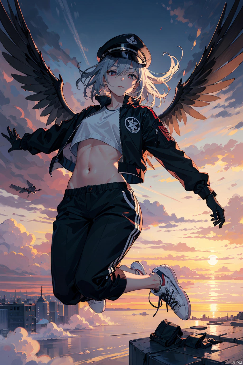  {{{masterpiece}}},best quality,illustration,beautiful detailed eyes,1girl,expressionless,{{straight hair}},messy hair,long bangs,hairs between eyes,midriff,navel,{{{half-closed eyes}}},{{sleepy}},blank stare,(Chunky_sneakers::1.2),short hair,1girl,looking up,Black Background,Black Background,Gray Hair,slit pupils,Red pupils,The airship,Flight,Fly up,Sky background,Above Clouds,CLOUDS,Clouds diffuse,Reflective,Float hair,falling objects,Goggles,aviator sunglasses,pilot uniform,aviator cap,pilot suit,bomber jacket,trousers,Boots,Leather Boots,from above,Overhead view,overhead view1,俯视,俯视拍摄,hair fluttering,Gloves,Handsomehandsome:1.5,雷电,Dark Clouds,dark clouds rolling,Lightning and Thunder,Cloudy days,Sunset,Sunset Sunlight,Sunset Sunset Red,Sunset Sunshine Sense,at Sunset,Sunset glow,sunset and sunset,Twilight:1.4,twilight,Wings,sky,sunset,skyline,cloud,gloves,boots,short hair,evil smile,doyagao,1girl,spread arms,lookingdown,坠落,女孩从天空中坠落,citybelow,freefall,坠落的女孩,blacklip,坠天使,纯白的皮肤,黑色火焰,Aura,Expressionless,Expressionless face,blankstare,女孩下方是云,云上的女孩,跳伞