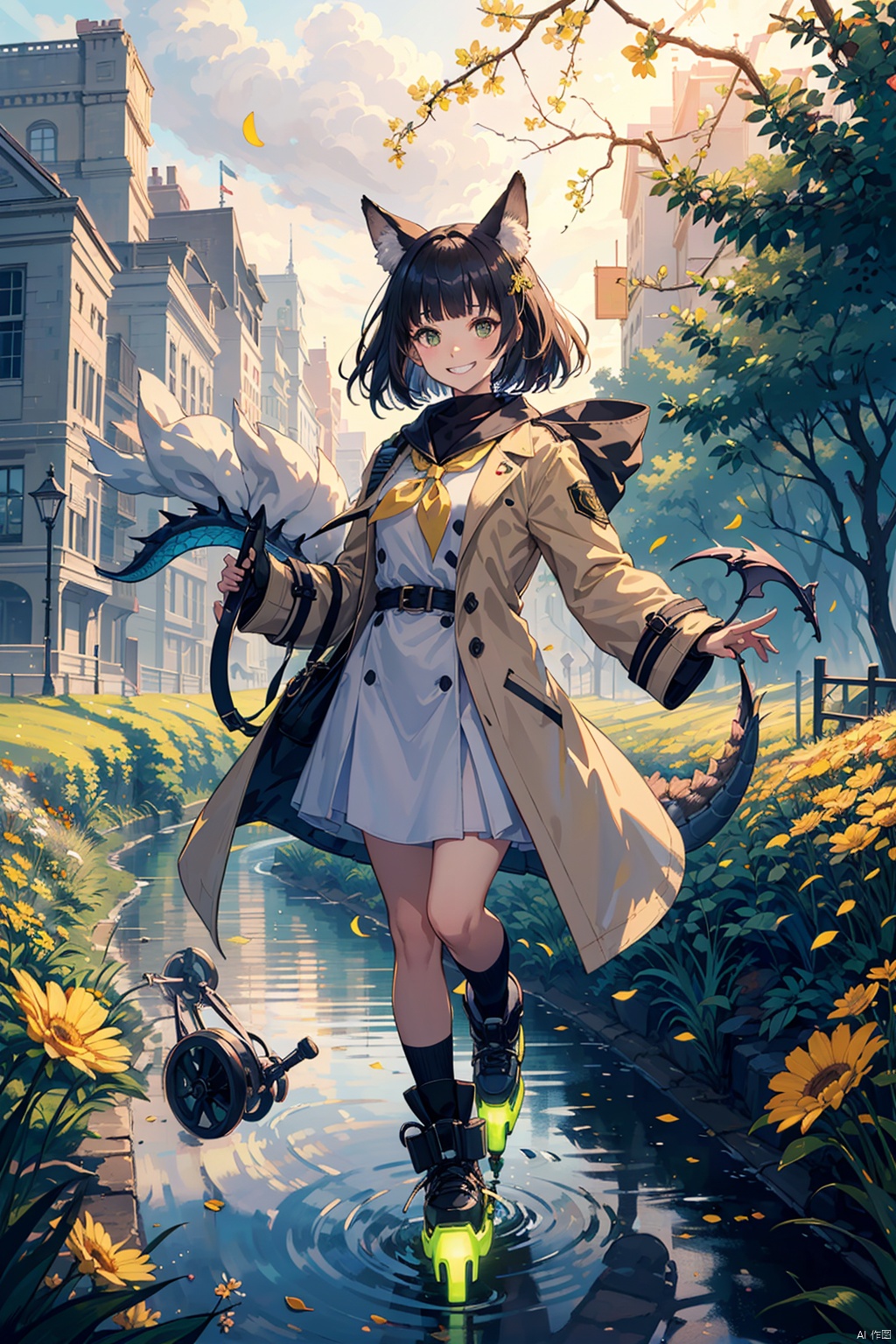 Flowers meadow, (((storm)), fox ears, grin, blunt bangs, neckerchief, trench coat, roller skates, dragons in background,  stream, rim light, There are many scattered luminous petals,Hidden in the light yellow flowers,Depth of field,Many scattered leaves,branch ,solo,solo,solo,look at the viewer,（robot）
