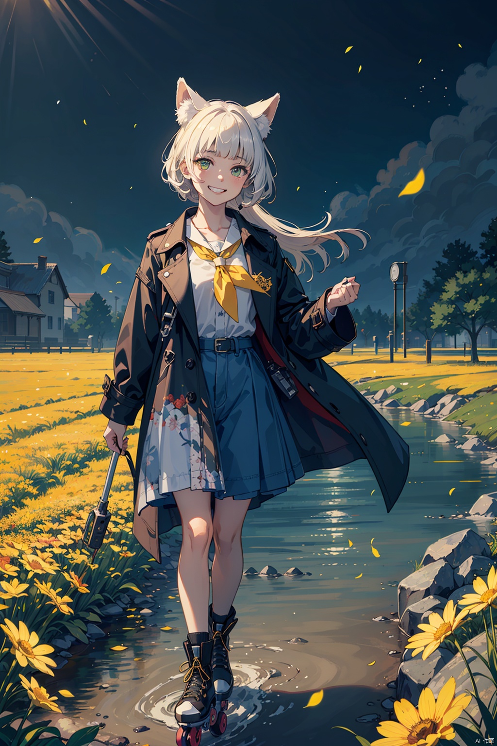 Flowers meadow, (((storm)), fox ears, grin, blunt bangs, neckerchief, trench coat, roller skates, dragons in background, stream, rim light, There are many scattered luminous petals,Hidden in the light yellow flowers,Depth of field,Many scattered leaves,branch ,solo,solo,solo,look at the viewer,（robot）
