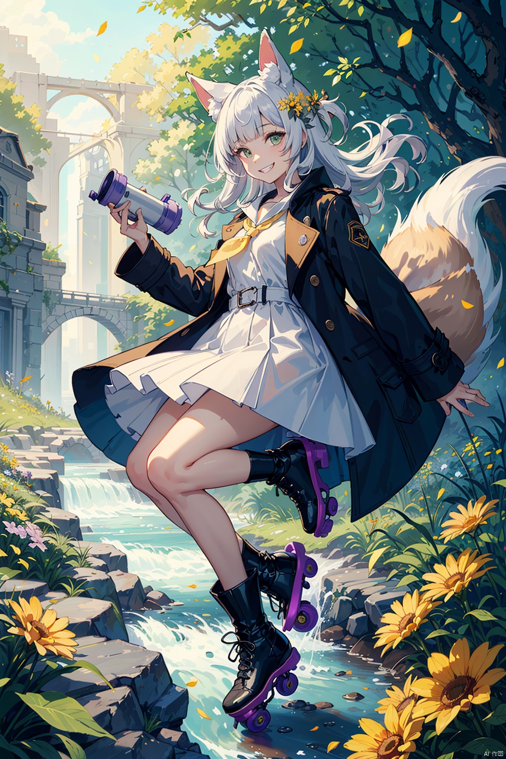 Flowers meadow, (((storm)), fox ears, grin, blunt bangs, neckerchief, trench coat, roller skates, dragons in background,  stream, rim light, There are many scattered luminous petals,Hidden in the light yellow flowers,Depth of field,Many scattered leaves,branch ,solo,solo,solo,look at the viewer,（robot）
