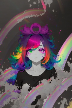 （Pink Fashion T-shirt：1.9）,(Colorful hair: 1.8), (all the colours of the rainbow: 1.8),(((((vertical painting：1.6))), （painting：1.6）,front, comics, illustrations, paintings, large eyes, crystal clear eyes,（ rainbow color gradient high ponytail：1.7）, exquisite makeup, closed mouth,(Small Fresh: 1.5),(Wipe Chest: 1.6) ,long eyelashes, white off shoulder T-shirt,  White Shoulder Shirt,looking at the audience, large watery eyes, (rainbow colored hair：1.6), color splash, （solo：1.8）, color splash, color explosion, thick paint style, messy lines, ((shining)),(colorful), (colorful), (colorful), colorful, Thick Paint Style, (Splash) (Color Splash), Vertical Painting, Upper Body, Paint Splash, Acrylic Pigment, Gradient, Paint, Highest Image Quality, Highest Quality, Masterpiece, Solo, Depth of Field, Face Paint,  colorful clothes, (Elegant: 1.2), gorgeous,long hair, wind, (Elegant: 1.3), (Petals: 1.4),(((masterpiece))),(((best quality))),((ultra-detailed)),(illustration),(dynamic angle),