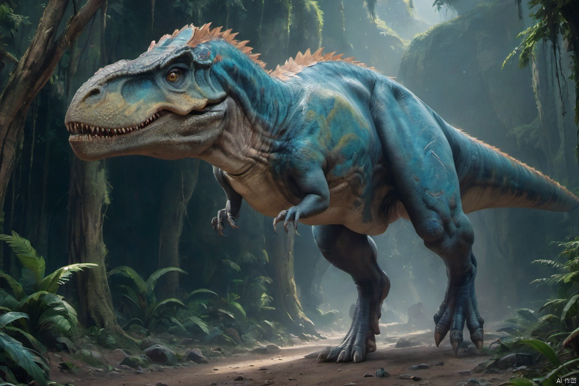  （a huge Dinosaurs）, T. rex, Jurassic, huge body, eyes of vertical line pupils, blue-green feathers covering upper tail, sides, strong tail strike, attack state, sharp claws, , a sense of solitude, petals, Surrealistic imagery, dreamlike atmosphere, vibrant and contrasting colors, intricate and detailed elements, (Tyndall effect:1.2), ((Best quality)), ((Best quality)), ((realistic)), ((exterior view)), photo realistic, (masterpiece), orante, super detailed, intricate, photo like image quality,GMajic, Dinosaurs
