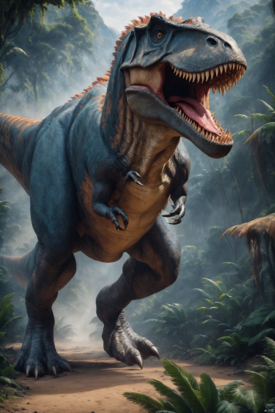  Tyrannosaurus rex, dinosaur, beautiful feathers, scary teeth, ((Best quality)), ((Best quality)),((Best quality)),((realistic)),((exterior view)),photo realistic,(masterpiece),orante,super detailed,intricate,photo like image quality