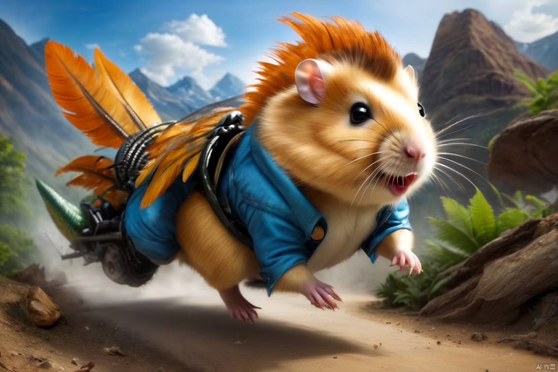 Hamster riding a dinosaur, Tyrannosaurus rex, dinosaur, beautiful feathers, scary teeth, ((Best quality)), ((Best quality)),((Best quality)),((realistic)),((exterior view)),photo realistic,(masterpiece),orante,super detailed,intricate,photo like image quality, Hamster