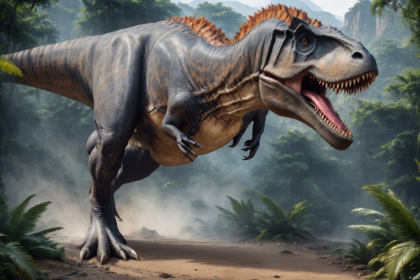  Tyrannosaurus rex, dinosaur, beautiful feathers, scary teeth, ((Best quality)), ((Best quality)),((Best quality)),((realistic)),((exterior view)),photo realistic,(masterpiece),orante,super detailed,intricate,photo like image quality