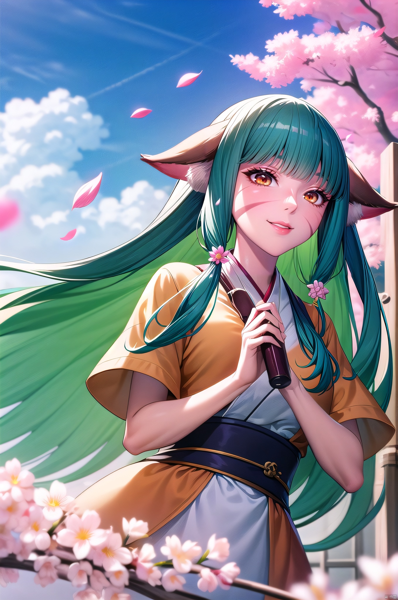 Rongrong, 1girl, solo, animal ears, brown eyes, orange eyes, green hair, long hair, sky, smile, day, facial mark, cloud, blunt bangs, bangs, anime coloring, petals, cherry blossoms, nice hands, , , Rongrong