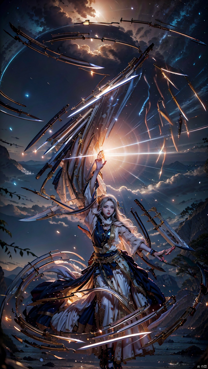  1 girl, solo, white long hair, female focus: strengthening, (Full Body: 1.2), (Floating Swords * 100), 100 Floating Swords, lens light, Shadow of the Swords (Blade Storm: 1.2), circular waves, Night, cliffs, starry sky, clouds, mountains and rivers, ambient samples, Starry Night, Absorption, Incremental Absorption, Beyond Reality, (Masterpiece) ECE, (Very Detailed CGUnit 8K Wallpaper), Best Quality, High Resolution Illustrations,