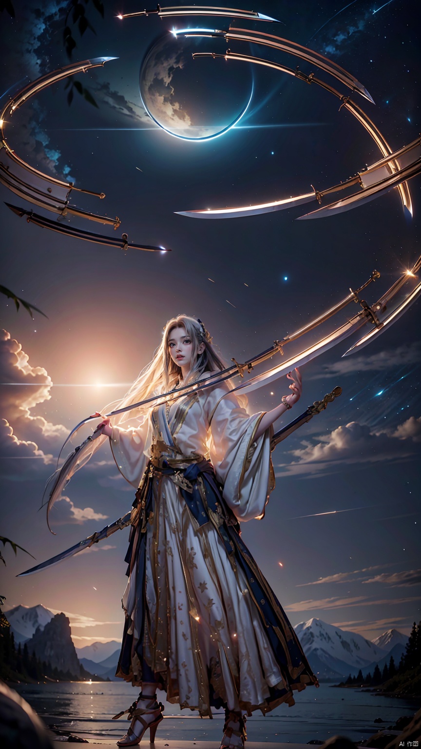  1 girl, solo, white long hair, female focus: strengthening, (Full Body: 1.2), (Floating Swords * 100), 100 Floating Swords, lens light, Shadow of the Swords (Blade Storm: 1.2), circular waves, Night, cliffs, starry sky, clouds, mountains and rivers, ambient samples, Starry Night, Absorption, Incremental Absorption, Beyond Reality, (Masterpiece) ECE, (Very Detailed CGUnit 8K Wallpaper), Best Quality, High Resolution Illustrations,