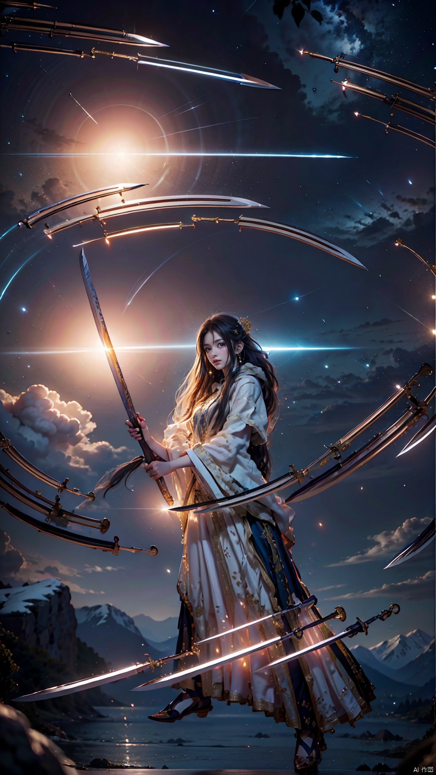  1 girl, solo, white long hair, female focus: strengthening, (Full Body: 1.2), (Floating Swords * 100), 100 Floating Swords, lens light, Shadow of the Swords (Blade Storm: 1.2), circular waves, Night, cliffs, starry sky, clouds, mountains and rivers, ambient samples, Starry Night, Absorption, Incremental Absorption, Beyond Reality, (Masterpiece) ECE, (Very Detailed CGUnit 8K Wallpaper), Best Quality, High Resolution Illustrations,