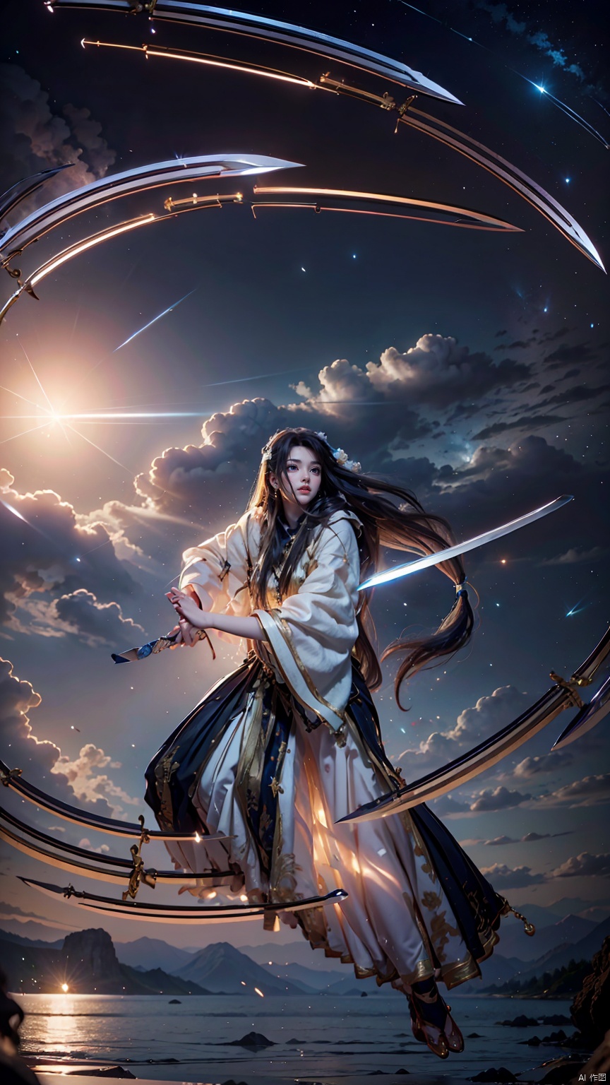  1 girl, solo, white long hair, female focus: strengthening, (Full Body: 1.2), (Floating Swords * 100), 100 Floating Swords, lens light, Shadow of the Swords (Blade Storm: 1.2), circular waves, Night, cliffs, starry sky, clouds, mountains and rivers, ambient samples, Starry Night, Absorption, Incremental Absorption, Beyond Reality, (Masterpiece) ECE, (Very Detailed CGUnit 8K Wallpaper), Best Quality, High Resolution Illustrations,