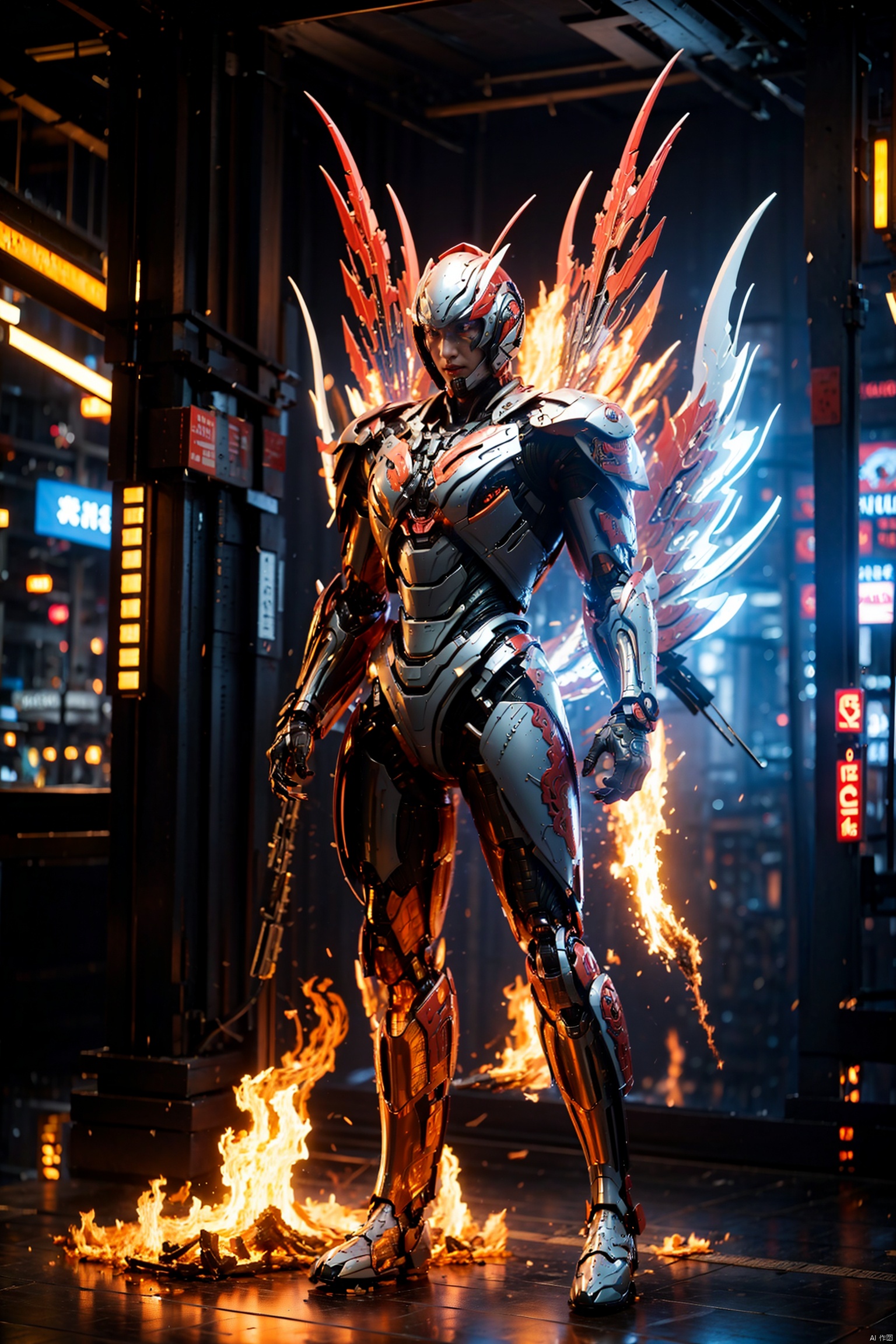  solo, 1boy, standing, full body, wings, glowing, helmet, fire, robot, science fiction
CG art, style of ultra detailed illustrations, viktor vasnetsov,
8k, RAWphoto, best quality, masterpiece, 4K Unity, (ultra detailed CG: 1.2), futuristic style (module), niji, wlop, dense composition, (printing: 1.2),
Cyberpunk, Xuantaijin, (oxide: 1.3), very detailed, game CG, posture, photo realism, city, fantasy, tattoo, decoration, super city, wind, ancient Chinese architecture
, Mecha