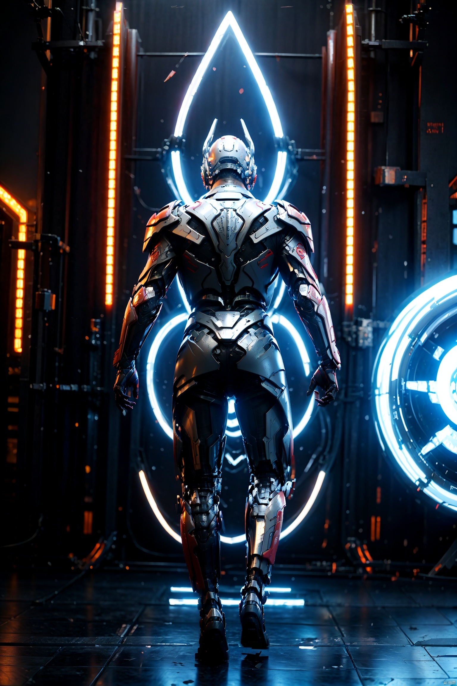  Solo, Blue Eyes, Standing, Horn, Armor, No Human, Luminous, Robot, Mech, Luminous Eyes, Broken Glass, Black Background, Blue Energy Aperture on Back, Gray Black Metal Joint, Red Electroplated Coating, Technological Sense, Super Future, Open Arms

CG art, style of ultra detailed illustrations, viktor vasnetsov,
8k, RAWphoto, best quality, masterpiece, 4K Unity, (ultra detailed CG: 1.2), futuristic style (module), niji, wlop, dense composition, (printing: 1.2),
Cyberpunk, Xuantaijin, (oxide: 1.3), very detailed, game CG, posture, photo realism, city, fantasy, tattoo, decoration, super city, wind, ancient Chinese architecture
, Mecha