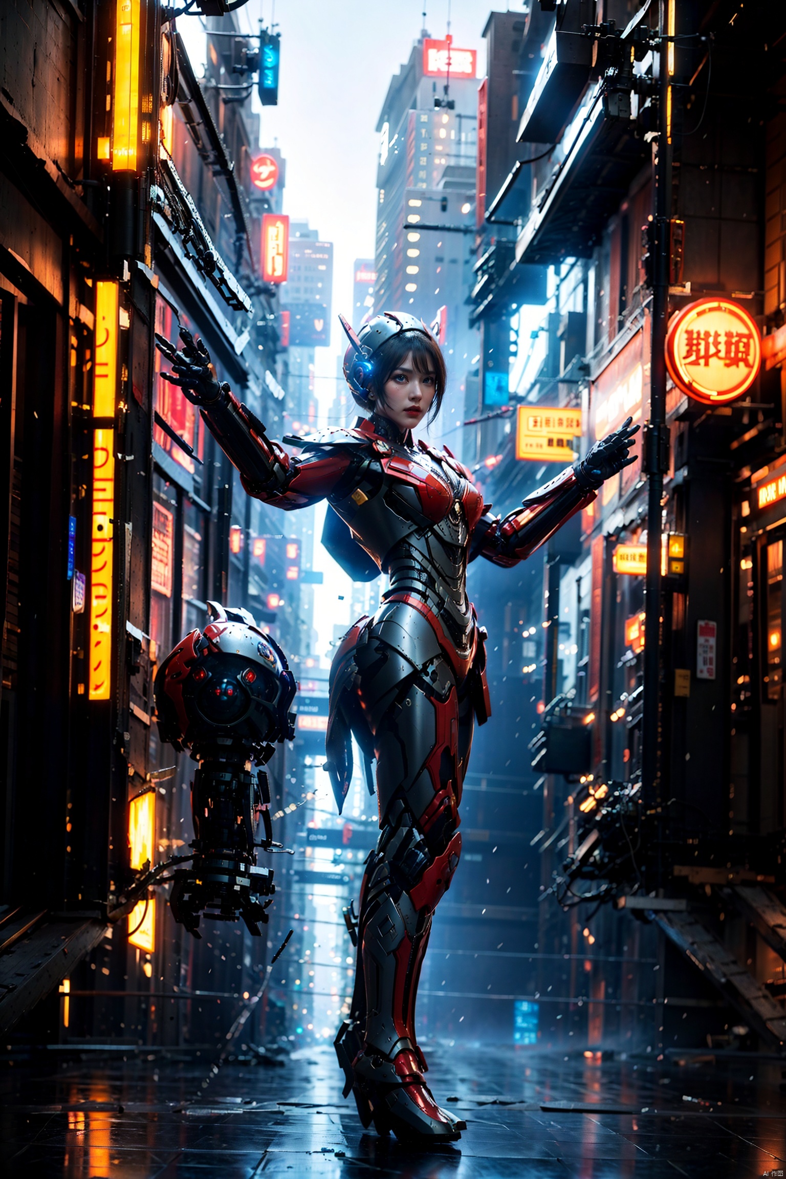  Solo, Blue Eyes, Standing, Horn, Armor, No Human, Luminous, Robot, Mech, Luminous Eyes, Broken Glass, Black Background, Blue Energy Aperture on Back, Gray Black Metal Joint, Red Electroplated Coating, Technological Sense, Super Future, Open Arms

CG art, style of ultra detailed illustrations, viktor vasnetsov,
8k, RAWphoto, best quality, masterpiece, 4K Unity, (ultra detailed CG: 1.2), futuristic style (module), niji, wlop, dense composition, (printing: 1.2),
Cyberpunk, Xuantaijin, (oxide: 1.3), very detailed, game CG, posture, photo realism, city, fantasy, tattoo, decoration, super city, wind, ancient Chinese architecture
, Mecha