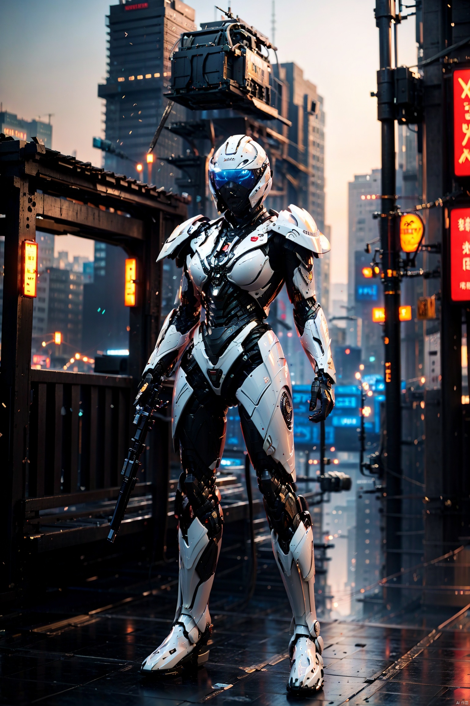  1girl, solo, holding, standing, full body, weapon, holding weapon, armor, gun, no humans, helmet, robot, holding gun, mecha, handgun, science fiction, dual wielding

CG art, style of ultra detailed illustrations, viktor vasnetsov,
8k, RAWphoto, best quality, masterpiece, 4K Unity, (ultra detailed CG: 1.2), futuristic style (module), niji, wlop, dense composition, (printing: 1.2),
Cyberpunk, Xuantaijin, (oxide: 1.3), very detailed, game CG, posture, photo realism, city, fantasy, tattoo, decoration, super city, wind, ancient Chinese architecture
, Mecha