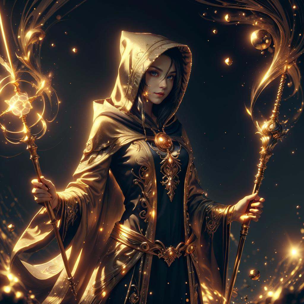 <lora:MidasMagic-22:0.8>, midasmagic, golden aura , glint,gleam stream, (mage:1.1) , enchanted robe , holding staff, mage staff , hood up, long hair, 1girl, golden hair 