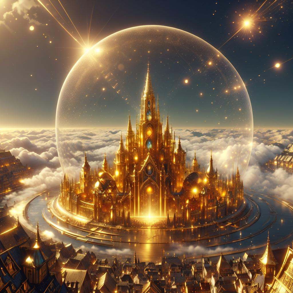 <lora:add_detail:0.3><lora:MidasMagic-22:0.8>, midasmagic, golden aura , glint,magical barrier over a village