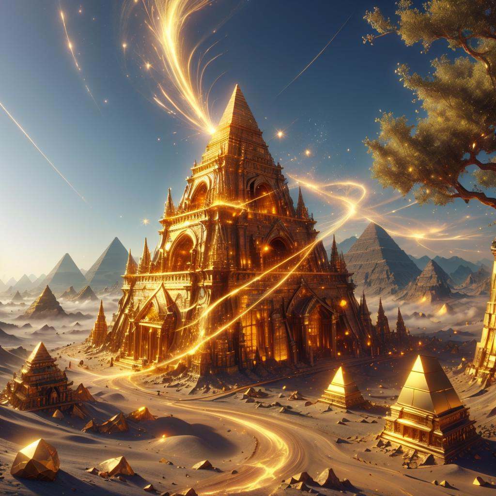 <lora:add_detail:0.3><lora:MidasMagic-22:0.8>, midasmagic, golden aura , glint,stone pyramid \(structure\), desert, alter , cracks