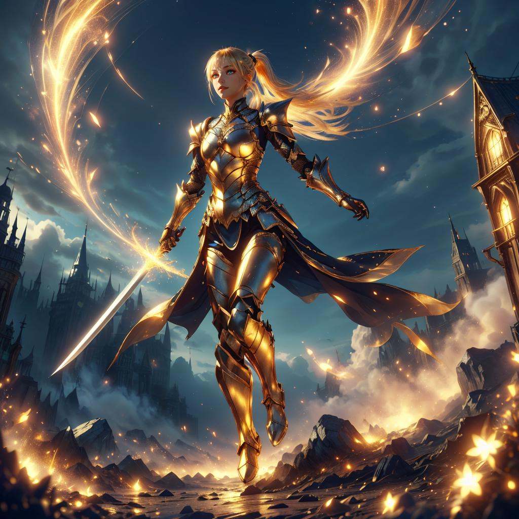<lora:MidasMagic-22:0.8>, midasmagic,  glint, golden aura ,1girl, blonde glowing hair, , glowing eyes, fantasy,, full body, female, (knight) , midasmagic armor , enchanted sword ,short hair, bright sky, low ponytail, 