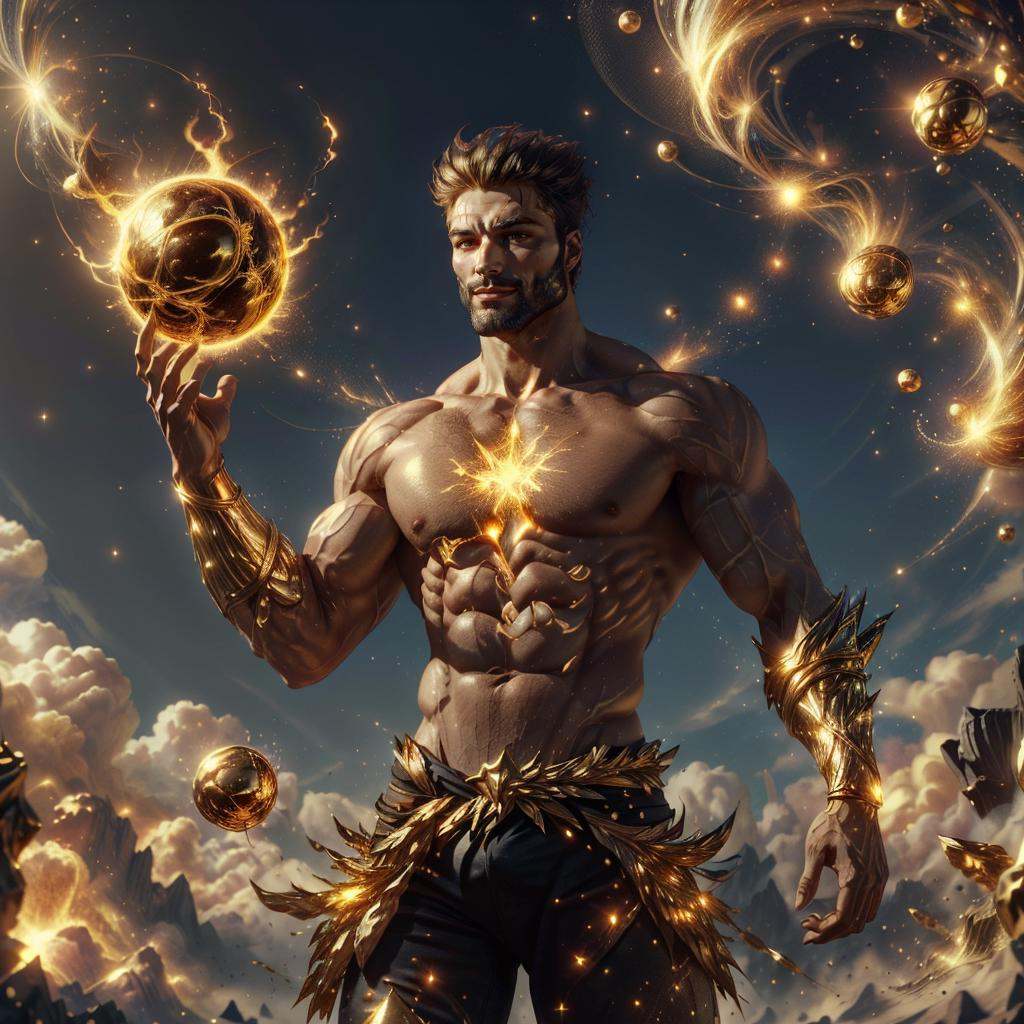 <lora:add_detail:0.3><lora:MidasMagic-22:0.8>, midasmagic, golden aura ,  glint,glitter,wizard, man, <lora:Gigachadv1:0.65> gigachad, glowing hair ,upper body, holding a flaming energy ball