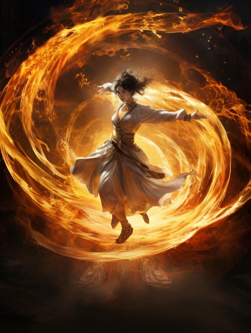 1girl,solo,fire,outstretched arms,dress,full body,black hair,HWXY 