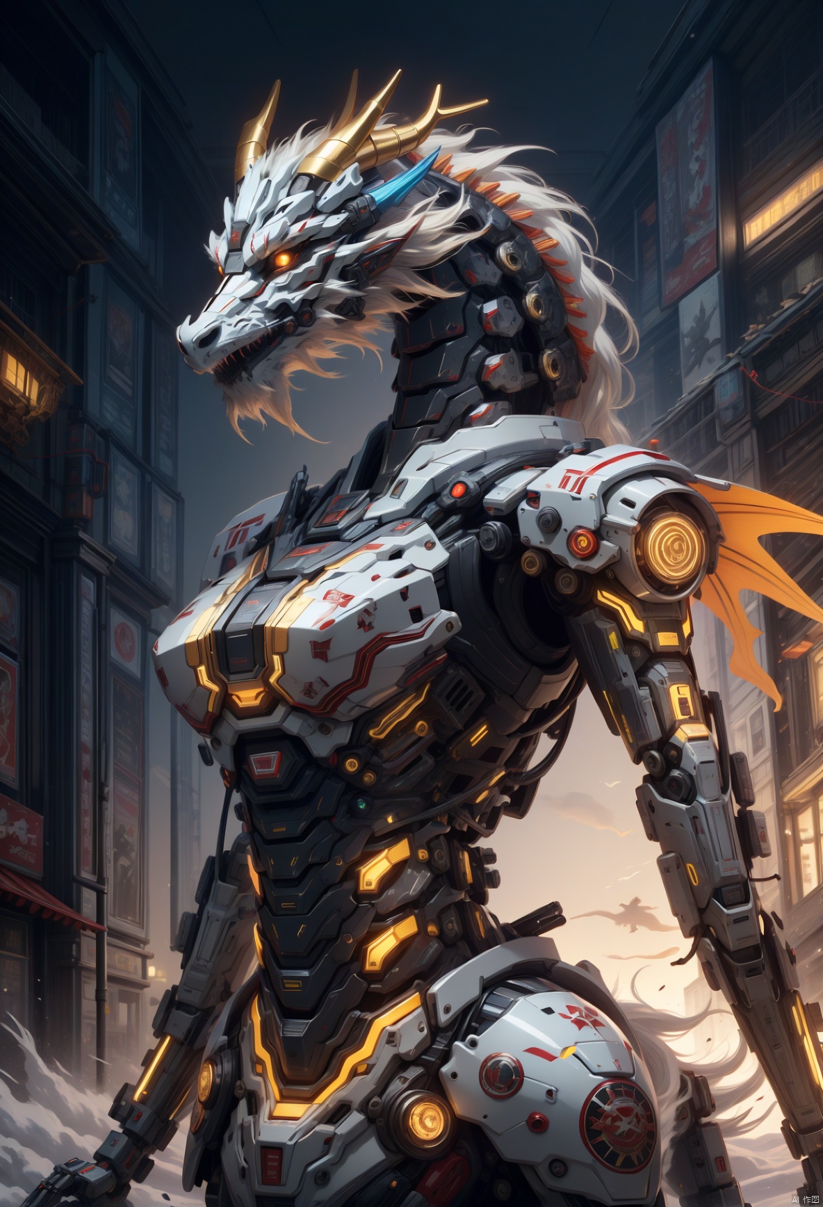 a mecha dragon,8k, High quality, high quality, glowing body, mechanical joint, orange led light, high detailed mecha, high-precision mecha, mecha, exoskeleton mechanical armor, mecha dragon, horns, growing joint, dragon, eastern dragon, jet device, high detailed, HD, black joint