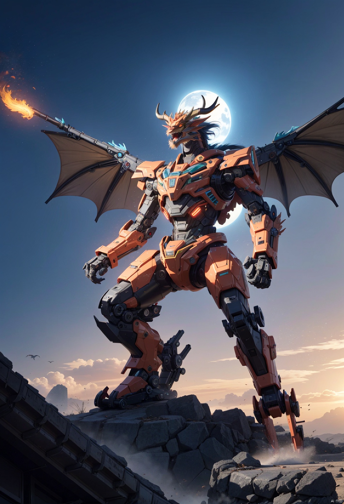 a mecha dragon,8k, High quality, high quality, glowing body, mechanical joint, orange led light, exoskeleton mechanical armor, mecha dragon, horns, growing joint, dragon, eastern dragon, jet device, high detailed, HD, black joint, Mecha