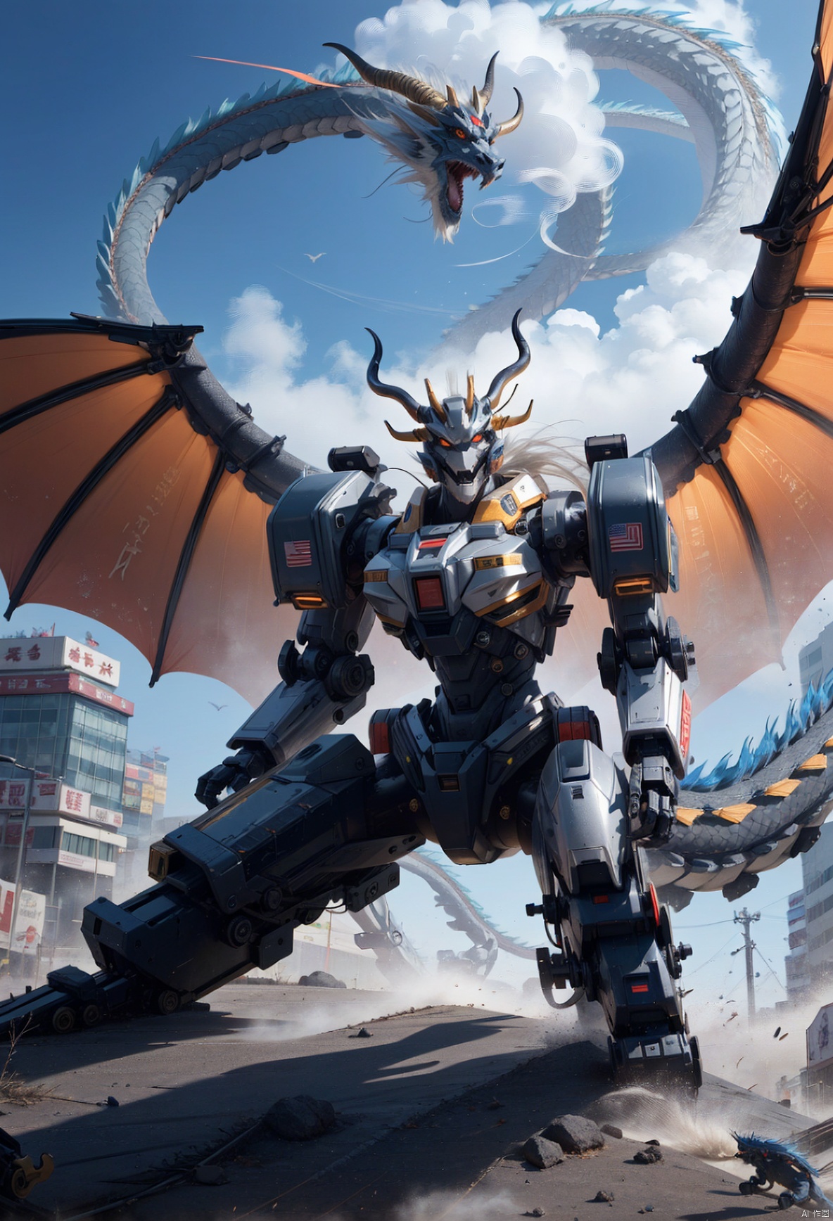 a mecha dragon,8k, High quality, high quality, glowing body, mechanical joint, orange led light, high detailed mecha, high-precision mecha, mecha, exoskeleton mechanical armor, mecha dragon, horns, growing joint, dragon, eastern dragon, jet device, high detailed, HD, black joint, Mecha