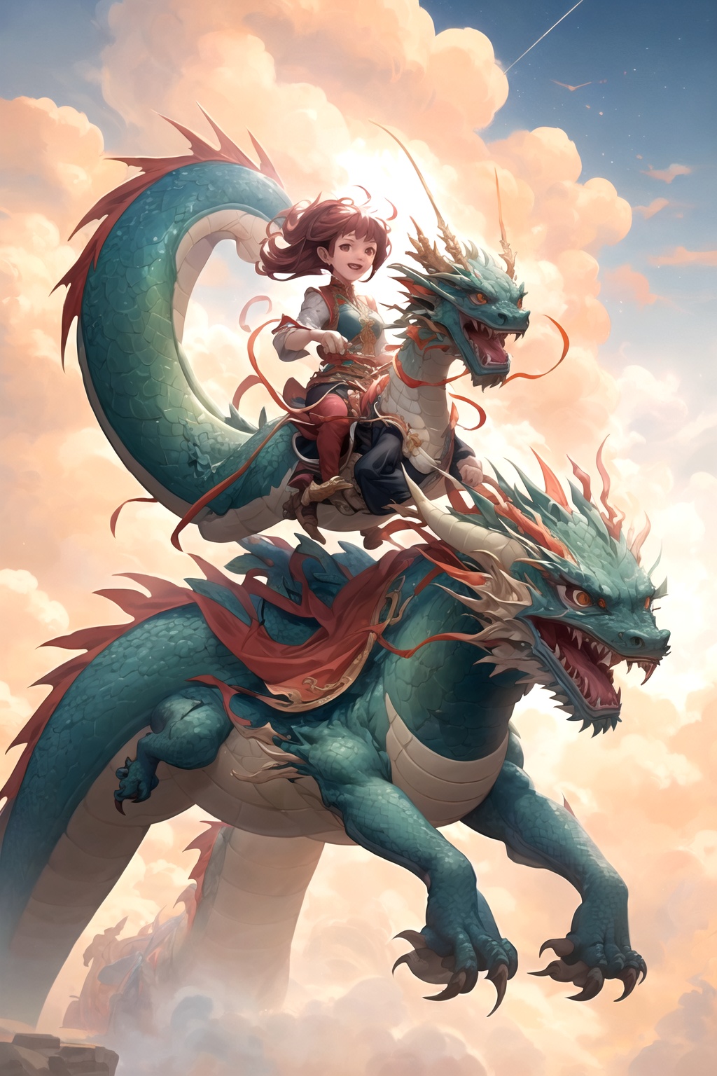 dragon-themed,dragonyear,
(masterpiece, best quality, ultra-detailed, 8K, ), high detail, 1girl, , riding a dragon, fly speedy on the sky, 