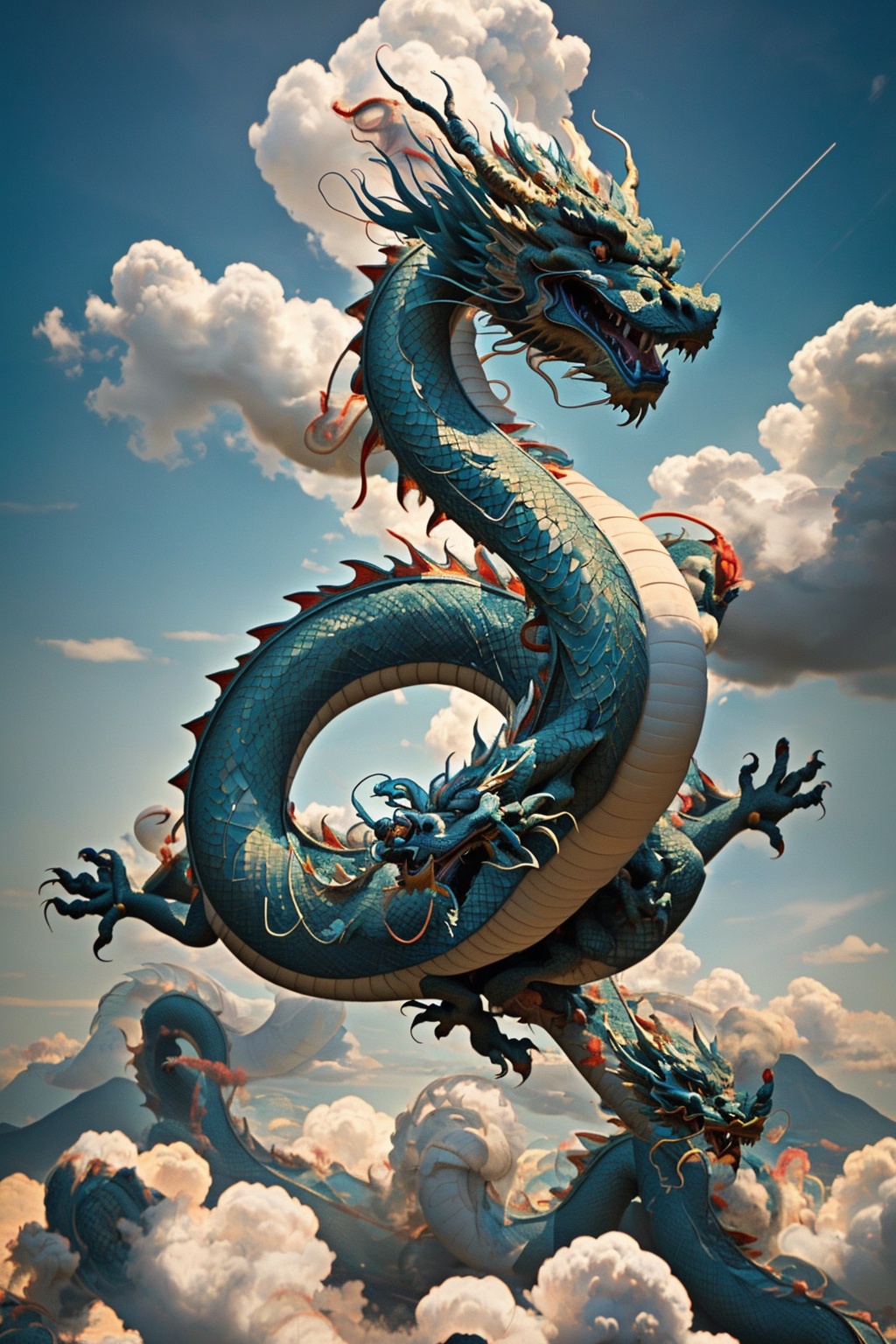 dragon-themed,dragonyear,
In the vast blue sky, the East Chinese dragon soars with immense power. Its sinuous body glimmers with iridescent scales as it gracefully glides through the air.  clouds part and the ground trembles, a symbol of its awe-inspiring might and dominance over the heavens.