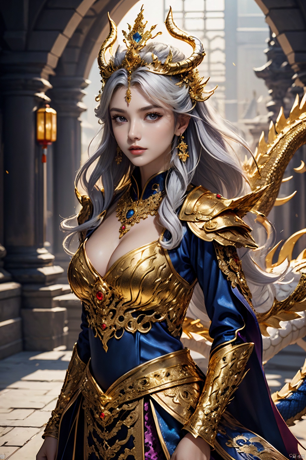fantasy art,  concept art of a female dragon with a Chinese white dragon image for cgart butterfly,  blue eyes on Tensor.Art