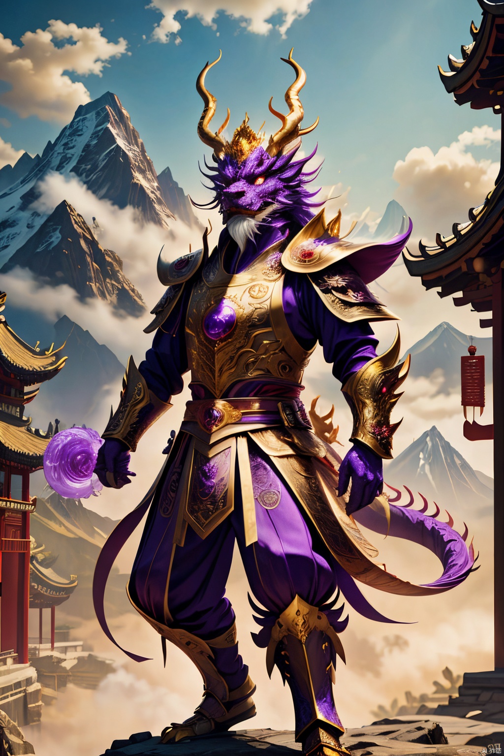  A fantasy style image of the Chinese Dragon King, he has purple eyes that release a dark light , golden antlers and armor glittering, behind him are traditional Chinese buildings and fantasy mountains.,<lora:660447313082219790:1.0>,<lora:660447313082219790:1.0>