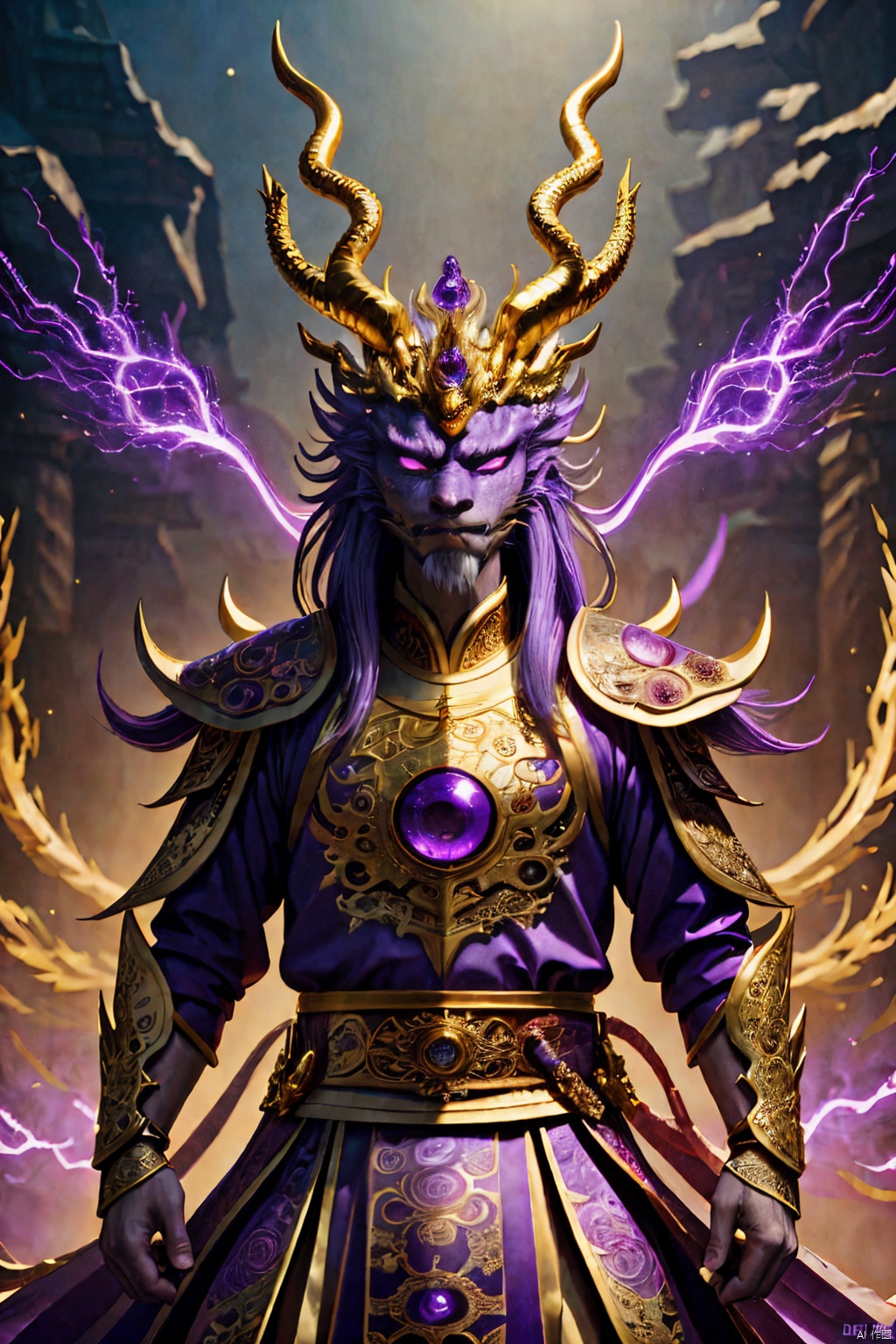  Fantasy style Chinese Dragon Man\(dranon king\ ), it wears a crown on its head, golden antlers glittering with eye-catching light, and a gorgeous Chinese costume. Its purple eyes are capable of firing precise laser beams and gamma rays powerful enough to penetrate any obstacle, and it is the fearless guardian,,<lora:660447313082219790:1.0>,<lora:660447313082219790:1.0>,<lora:660447313082219790:1.0>,<lora:660447313082219790:1.0>